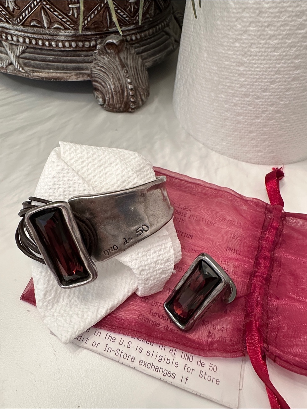 UNO de 50 Silver-Tone Cuff Bracelet and Statement Ring with Deep Garnet Stones